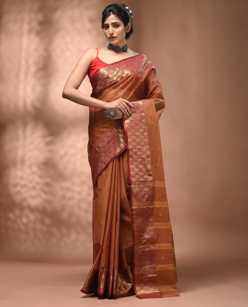 Brown tant pure cotton saree with zari border