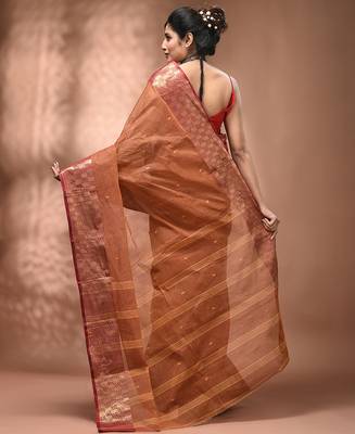 Brown tant pure cotton saree with zari border 2