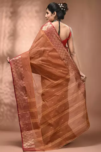 Brown tant pure cotton saree with zari border