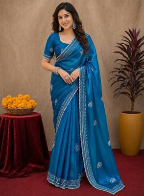 Teal blue soft shimmer chiffon embroidery work saree with unstitched blouse piece 1