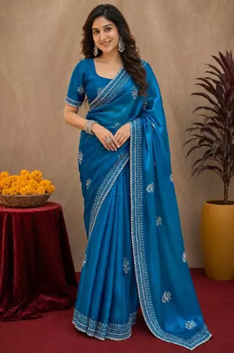 Teal blue soft shimmer chiffon embroidery work saree with unstitched blouse piece
