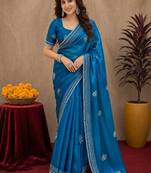 Teal blue soft shimmer chiffon embroidery work saree with unstitched blouse piece