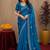 Teal blue soft shimmer chiffon embroidery work saree with unstitched blouse piece