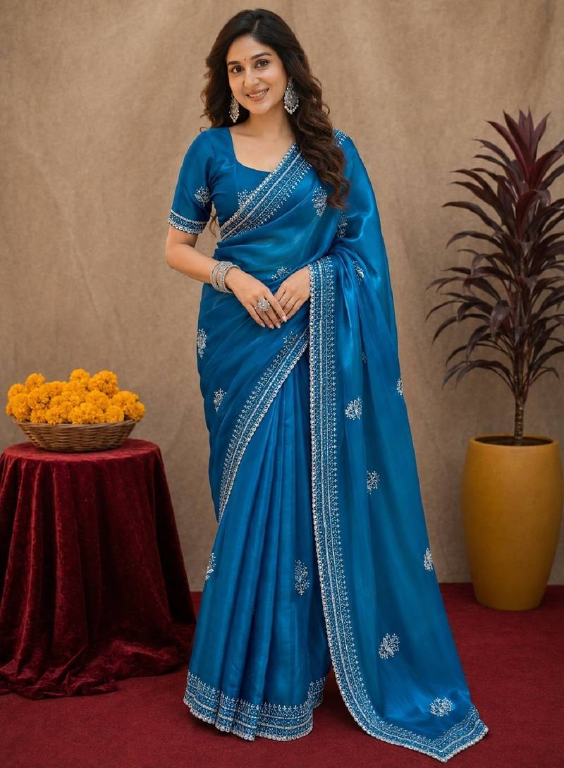 Teal blue soft shimmer chiffon embroidery work saree with unstitched blouse piece