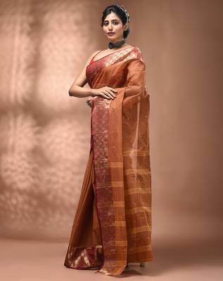 Brown tant pure cotton saree with zari border 3