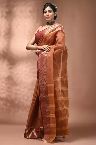 Brown tant pure cotton saree with zari border