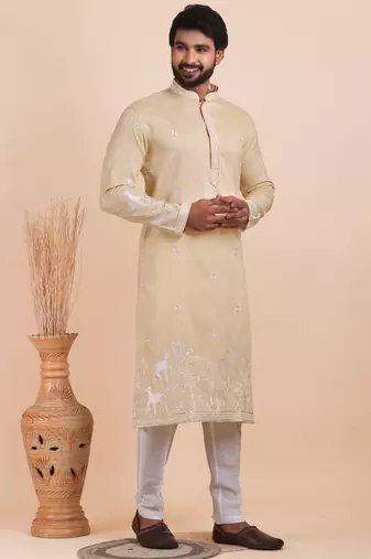 Men viscose silk embroidered designer kurta set