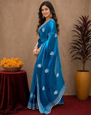 Teal blue soft shimmer chiffon embroidery work saree with unstitched blouse piece 2