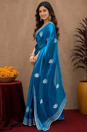 Teal blue soft shimmer chiffon embroidery work saree with unstitched blouse piece
