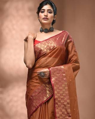 Brown tant pure cotton saree with zari border 4
