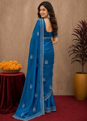 Teal blue soft shimmer chiffon embroidery work saree with unstitched blouse piece 3