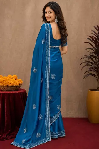 Teal blue soft shimmer chiffon embroidery work saree with unstitched blouse piece