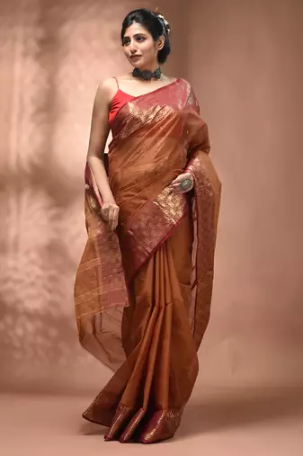 Brown tant pure cotton saree with zari border