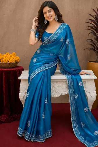 Teal blue soft shimmer chiffon embroidery work saree with unstitched blouse piece