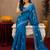 Teal blue soft shimmer chiffon embroidery work saree with unstitched blouse piece