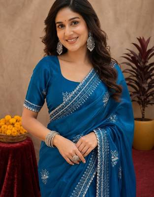 Teal blue soft shimmer chiffon embroidery work saree with unstitched blouse piece 5