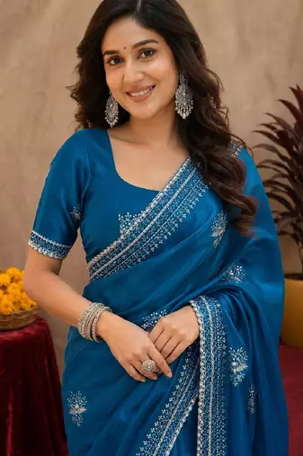 Teal blue soft shimmer chiffon embroidery work saree with unstitched blouse piece