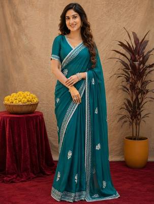 Bottle green soft shimmer chiffon embroidery work saree with unstitched blouse piece 1
