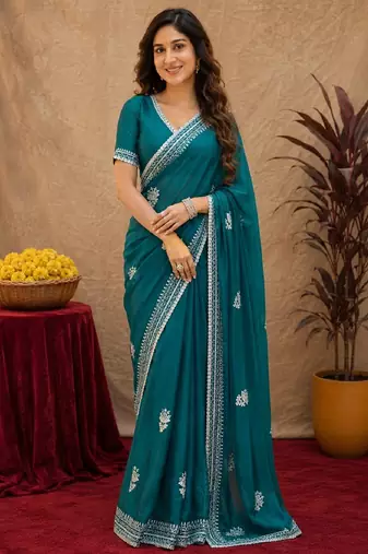 Bottle green soft shimmer chiffon embroidery work saree with unstitched blouse piece