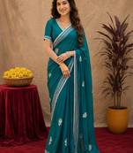 Bottle green soft shimmer chiffon embroidery work saree with unstitched blouse piece