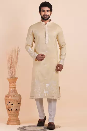 Men viscose silk embroidered designer kurta set