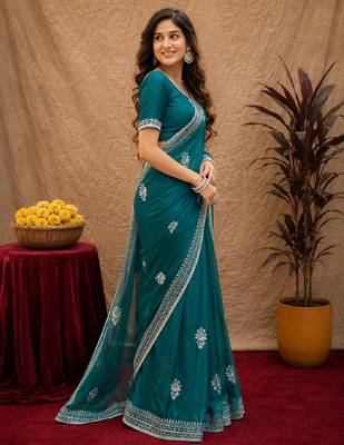 Bottle green soft shimmer chiffon embroidery work saree with unstitched blouse piece 2