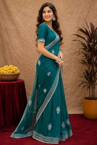 Bottle green soft shimmer chiffon embroidery work saree with unstitched blouse piece