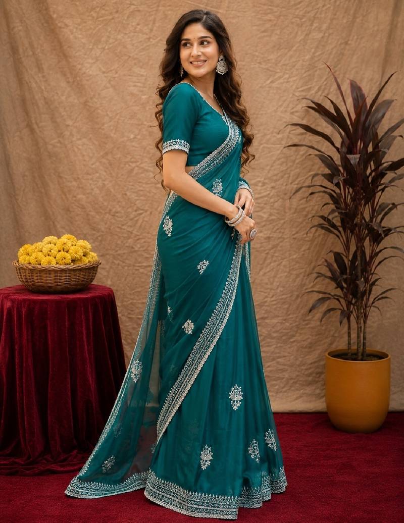 Bottle green soft shimmer chiffon embroidery work saree with unstitched blouse piece