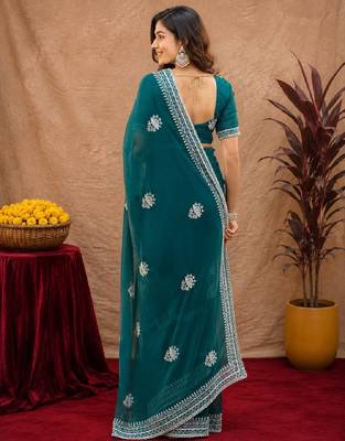 Bottle green soft shimmer chiffon embroidery work saree with unstitched blouse piece 3