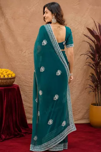 Bottle green soft shimmer chiffon embroidery work saree with unstitched blouse piece