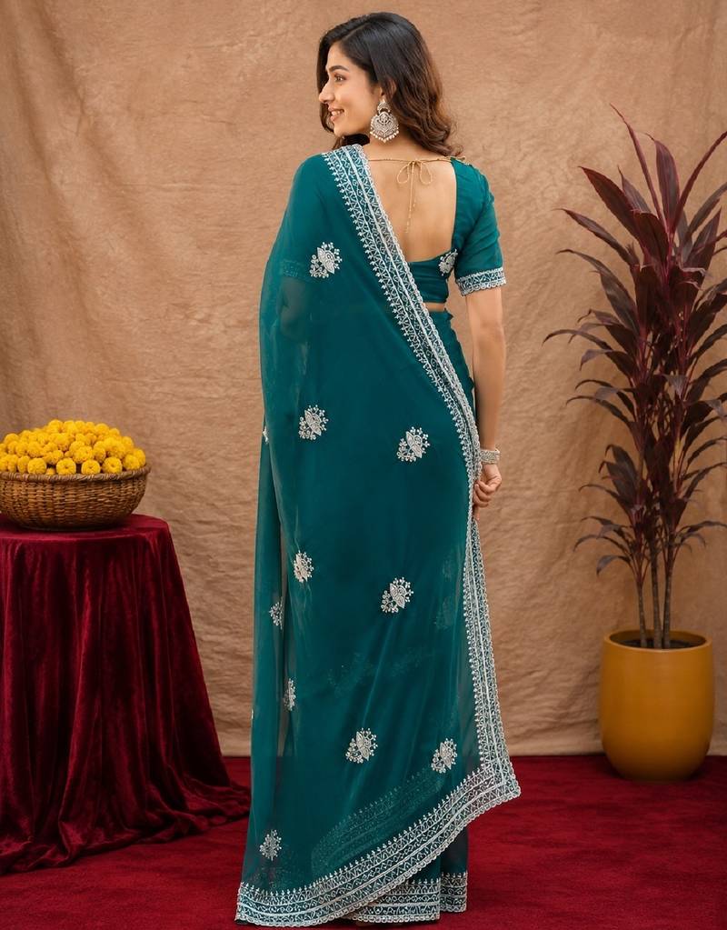 Bottle green soft shimmer chiffon embroidery work saree with unstitched blouse piece