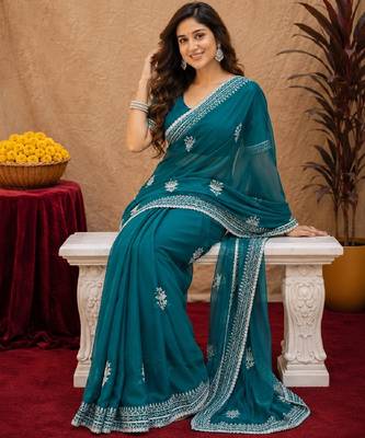 Bottle green soft shimmer chiffon embroidery work saree with unstitched blouse piece 4