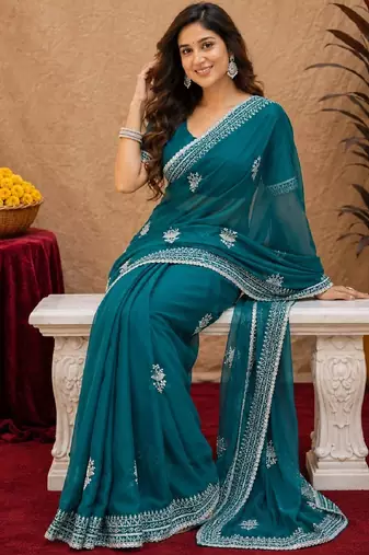 Bottle green soft shimmer chiffon embroidery work saree with unstitched blouse piece