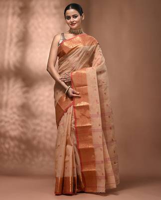 Beige tant pure cotton saree with zari border 1