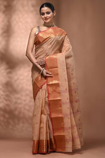Beige tant pure cotton saree with zari border