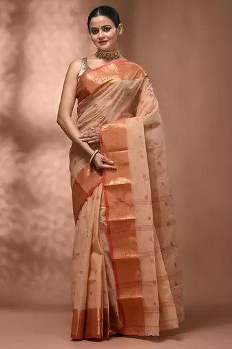 Beige tant pure cotton saree with zari border