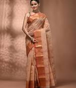 Beige tant pure cotton saree with zari border