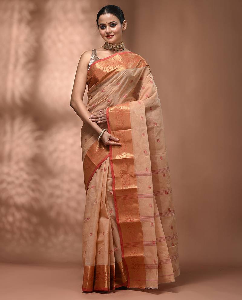 Beige tant pure cotton saree with zari border