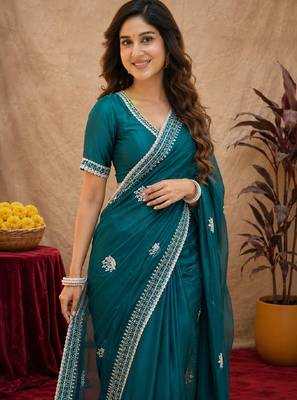 Bottle green soft shimmer chiffon embroidery work saree with unstitched blouse piece 5