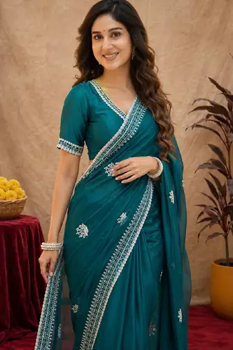 Bottle green soft shimmer chiffon embroidery work saree with unstitched blouse piece