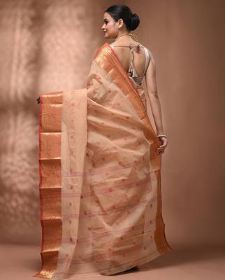 Beige tant pure cotton saree with zari border 2
