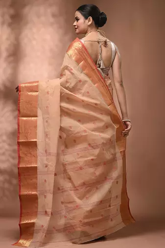 Beige tant pure cotton saree with zari border