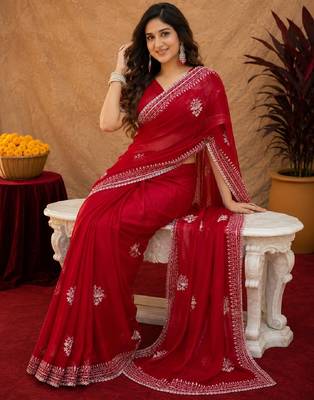 Red soft shimmer chiffon embroidery work saree with unstitched blouse piece 1