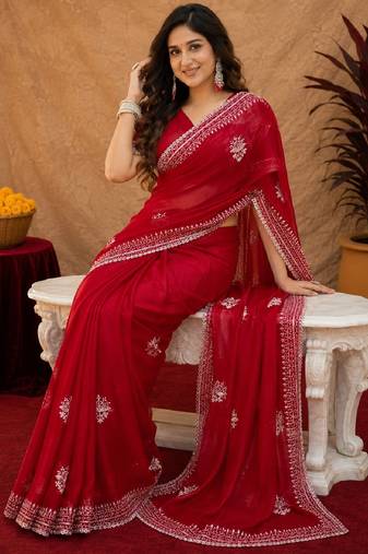 Red soft shimmer chiffon embroidery work saree with unstitched blouse piece