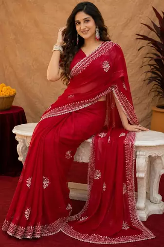 Red soft shimmer chiffon embroidery work saree with unstitched blouse piece