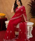 Red soft shimmer chiffon embroidery work saree with unstitched blouse piece