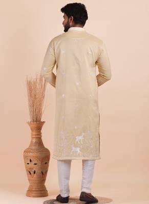 Men viscose silk embroidered designer kurta set 5