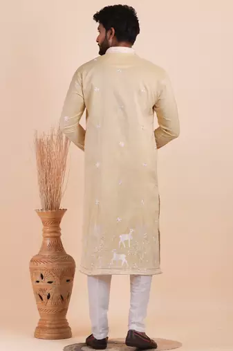 Men viscose silk embroidered designer kurta set