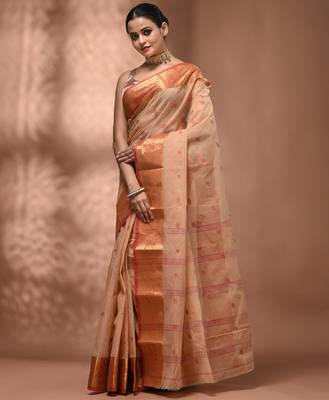 Beige tant pure cotton saree with zari border 3