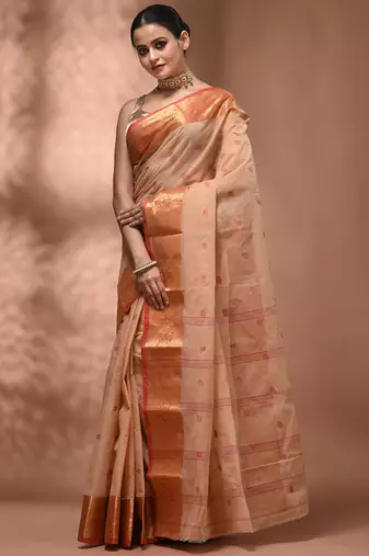 Beige tant pure cotton saree with zari border